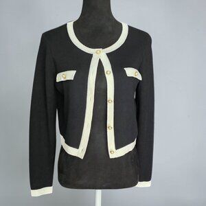 TAYLOR (MED) Knit Black with Ivory/Off White Trim Pearl Button Cardigan